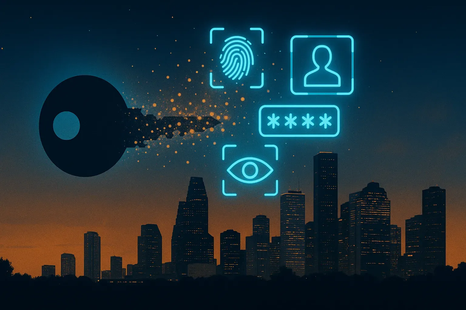 Key shape dissolving into glowing biometric passkey symbols with Houston skyline at dusk — Aspendora