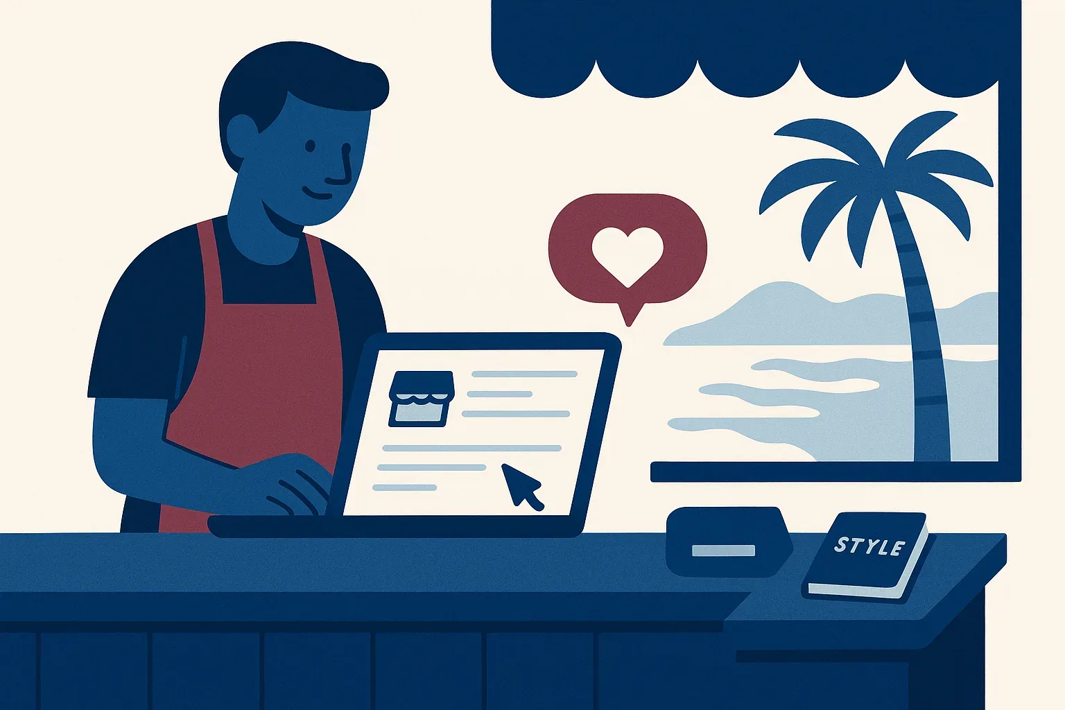 Small-business owner editing an email draft at a shop counter