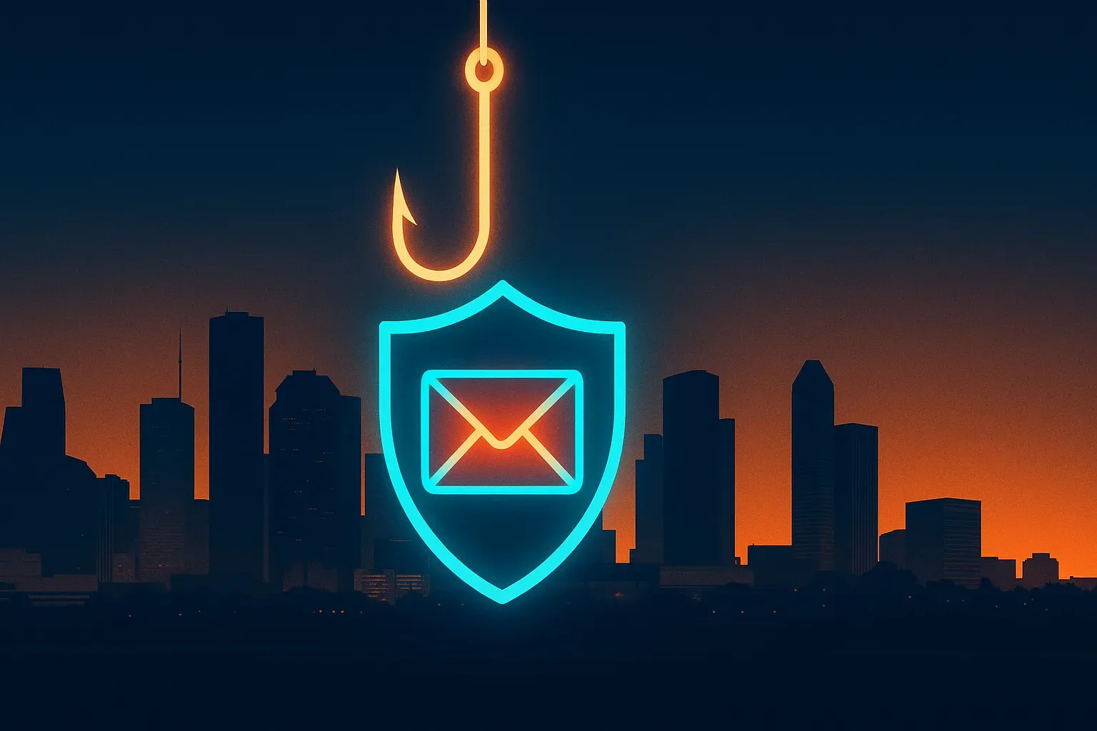 Glowing fishing hook with email being contained inside a cyan shield, Houston skyline silhouette at dusk — Aspendora