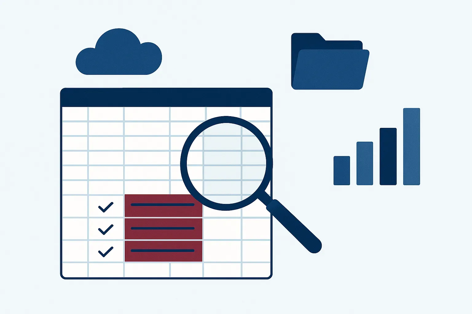 Clean spreadsheet table with a magnifying glass and checkmarks