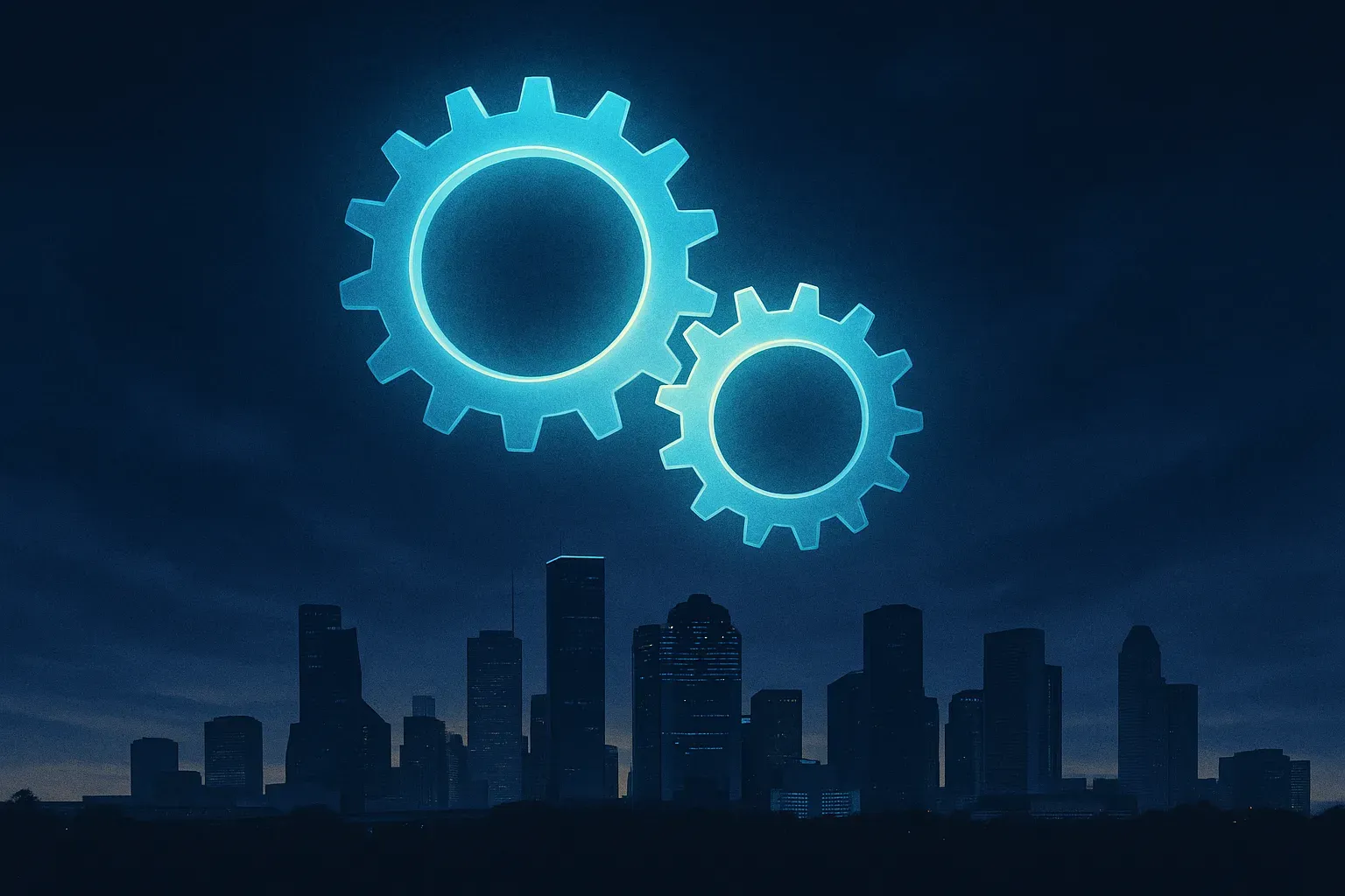 Two interlocking glowing gears above the Houston skyline at dusk, representing the co-managed IT partnership